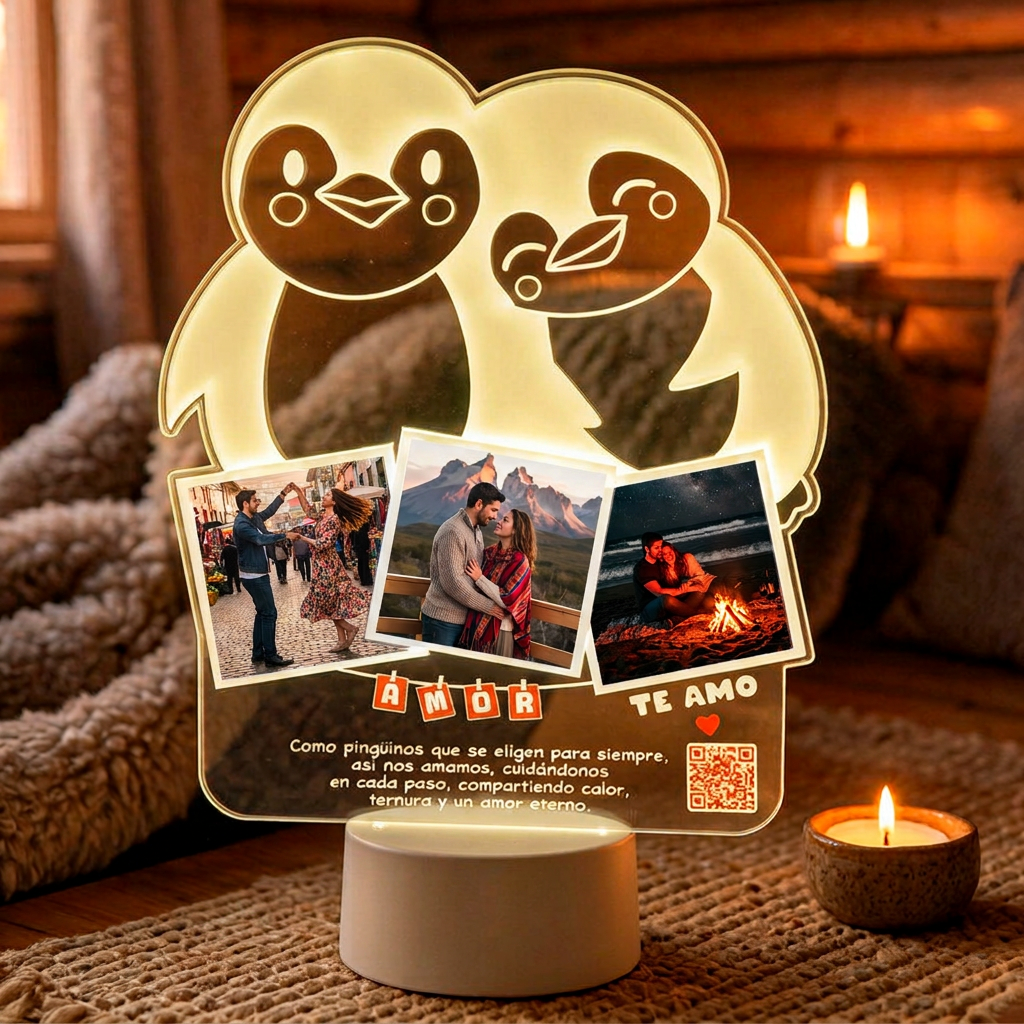 Lampara Led 3D Pingüinos Enamorados