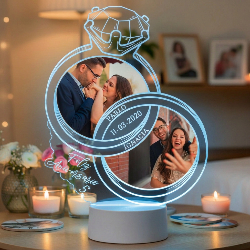 Lampara Led 3D Anillos de Aniversario