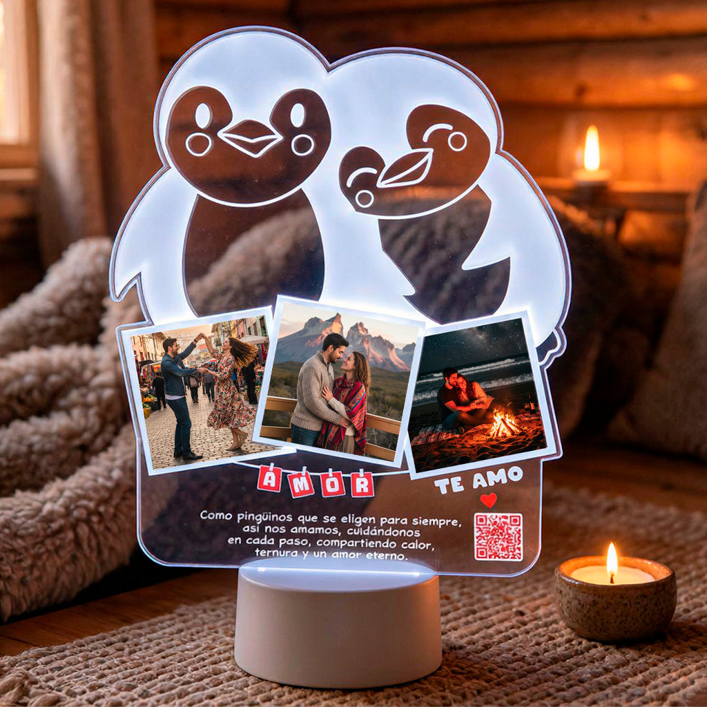 Lampara Led 3D Pingüinos Enamorados