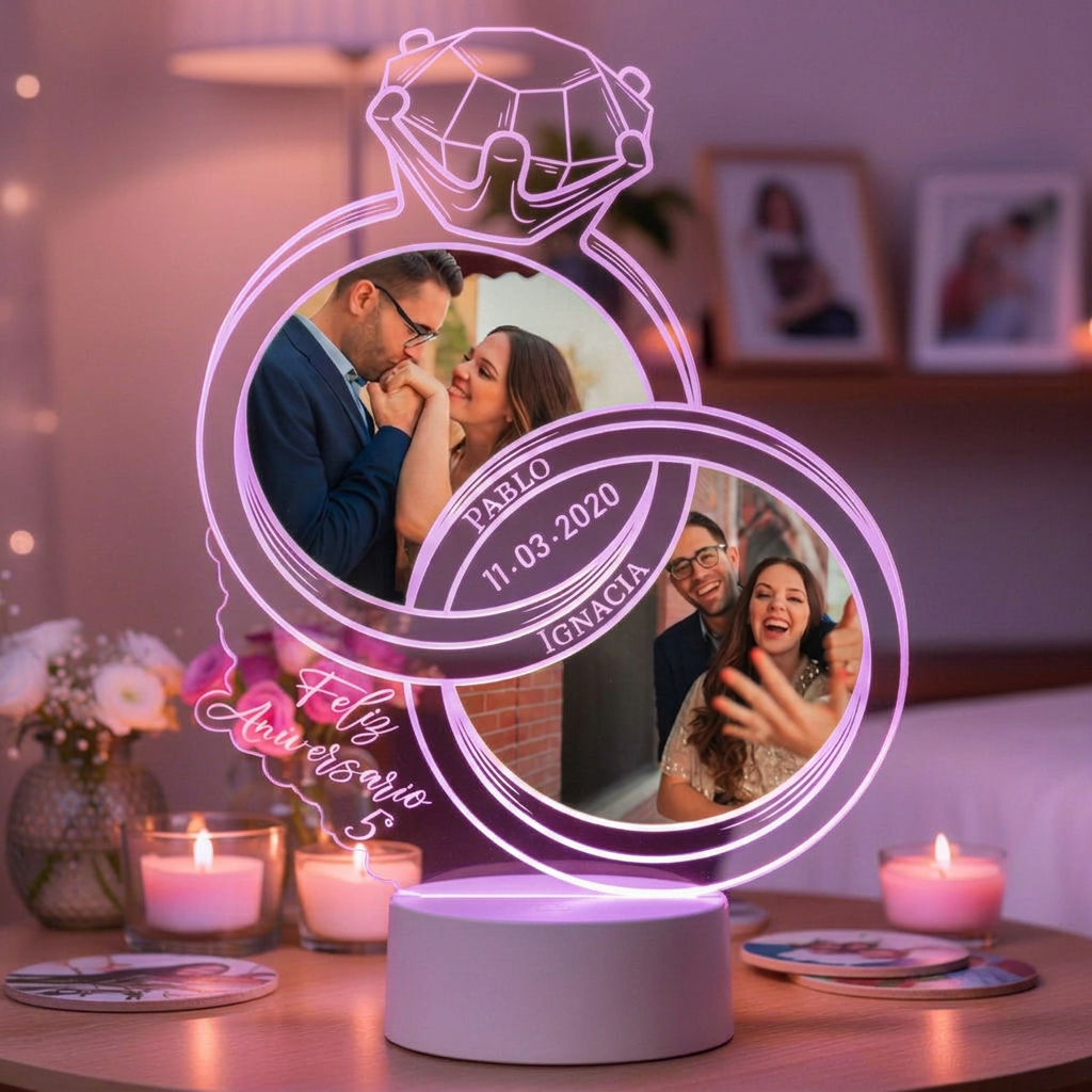 Lampara Led 3D Anillos de Aniversario