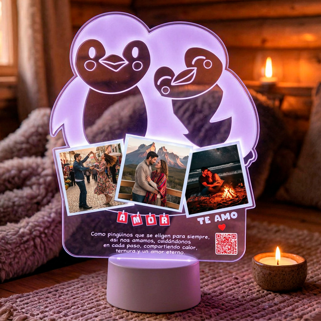 Lampara Led 3D Pingüinos Enamorados