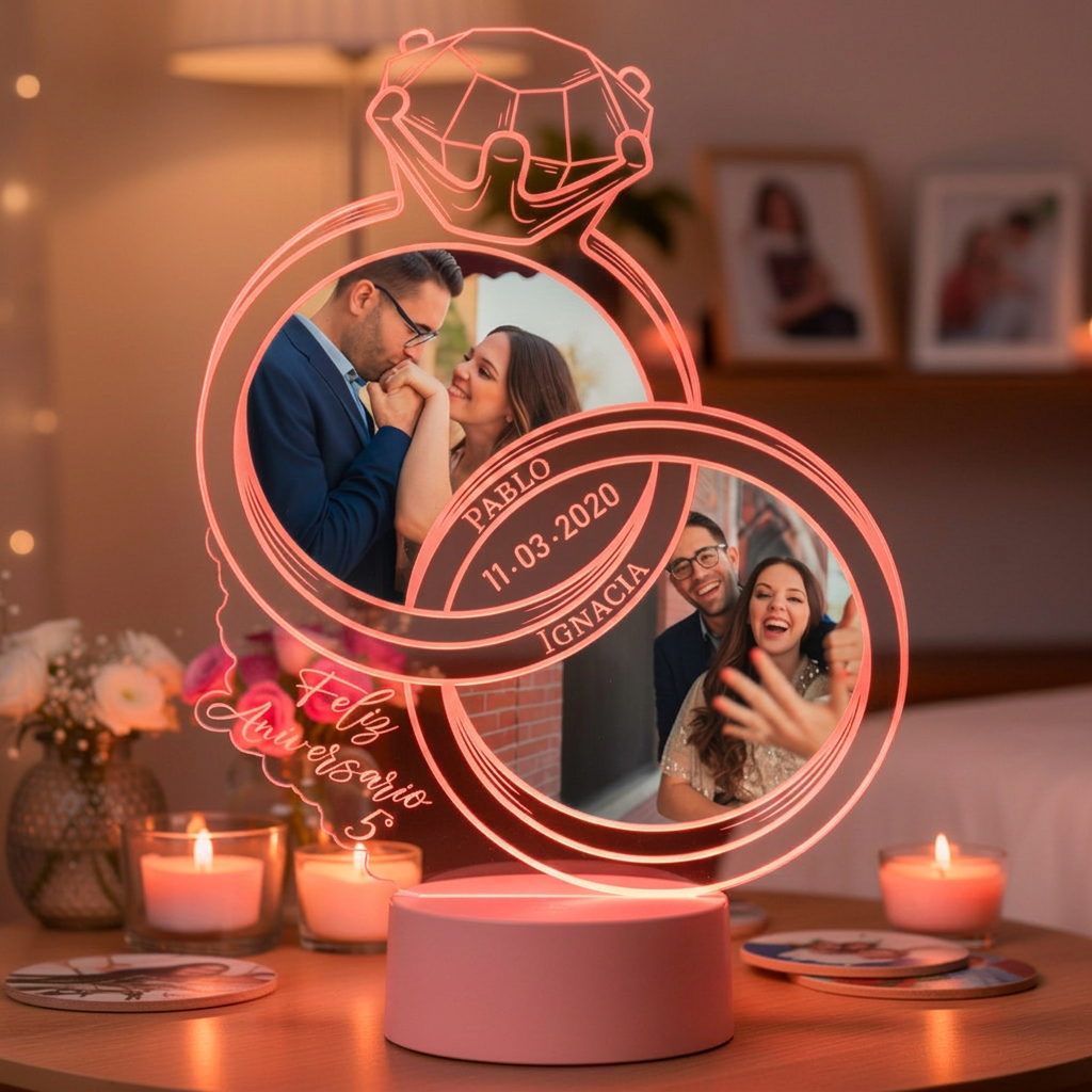 Lampara Led 3D Anillos de Aniversario