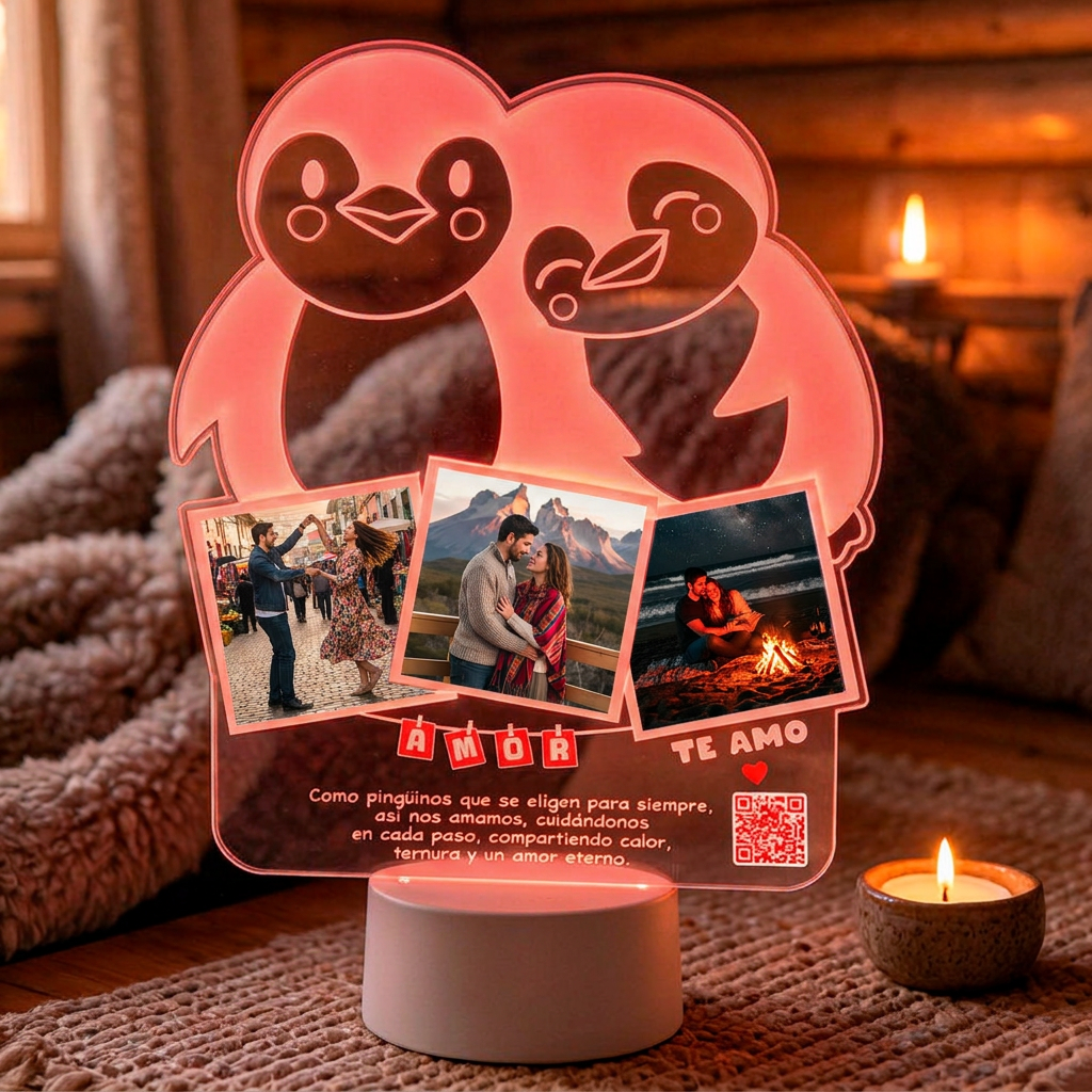 Lampara Led 3D Pingüinos Enamorados