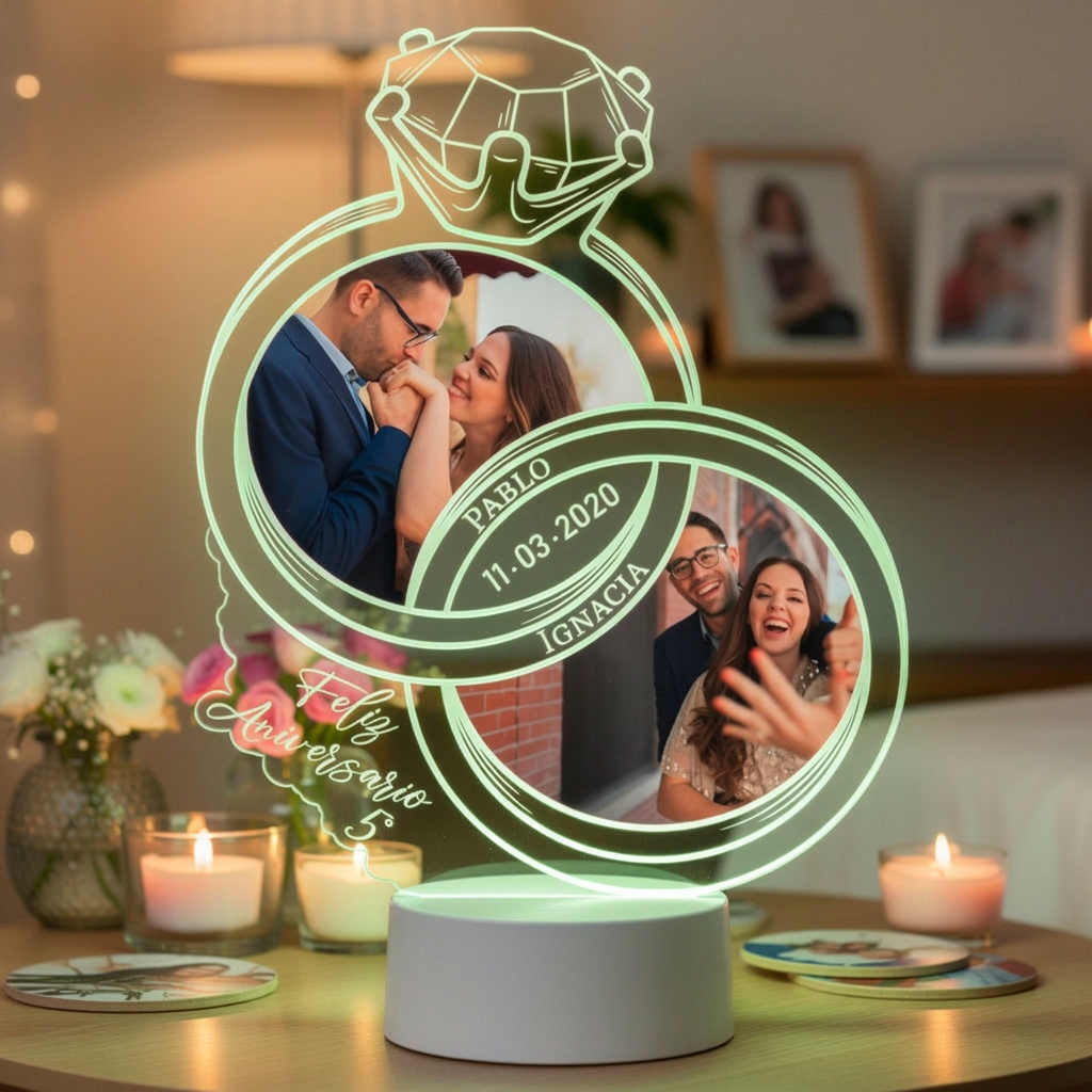 Lampara Led 3D Anillos de Aniversario