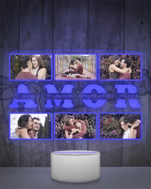 Lampara led 3d personalizada para parejas que contiene 6 fotografias y una frase
