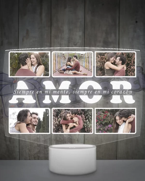 Lampara led 3d personalizada para parejas que contiene 6 fotografias y una frase