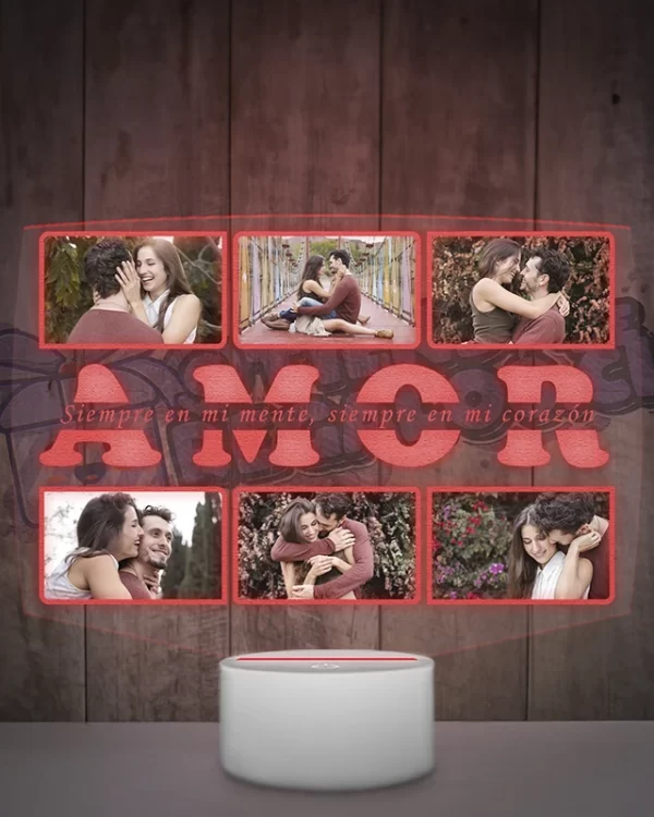 Lampara led 3d personalizada para parejas que contiene 6 fotografias y una frase