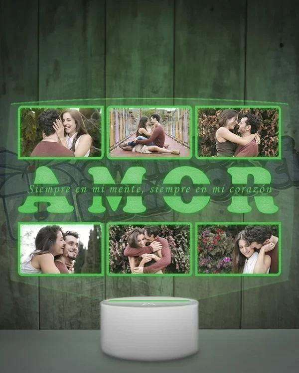 Lampara led 3d personalizada para parejas que contiene 6 fotografias y una frase