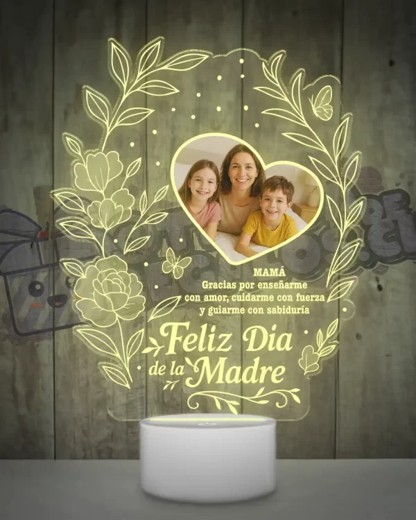Lampara led 3D feliz dia Mamá con una foto y una frase
