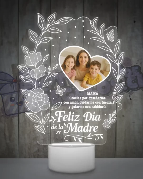 Lampara led 3D feliz dia Mamá con una foto y una frase