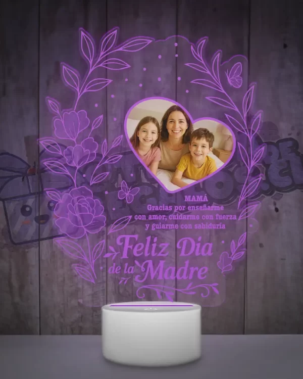 Lampara led 3D feliz dia Mamá con una foto y una frase
