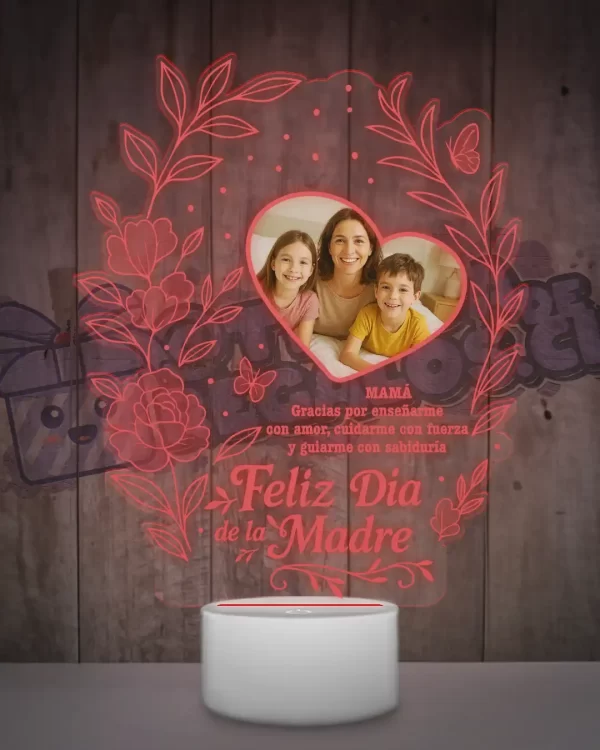 Lampara led 3D feliz dia Mamá con una foto y una frase
