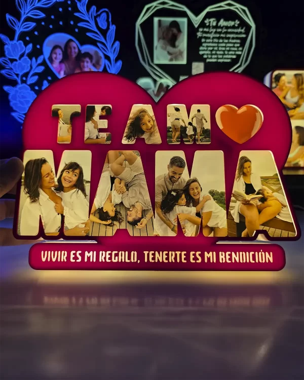 Lampara Led con texto de Mama te Amo, personalizable con 8 fotos y 1 frase
