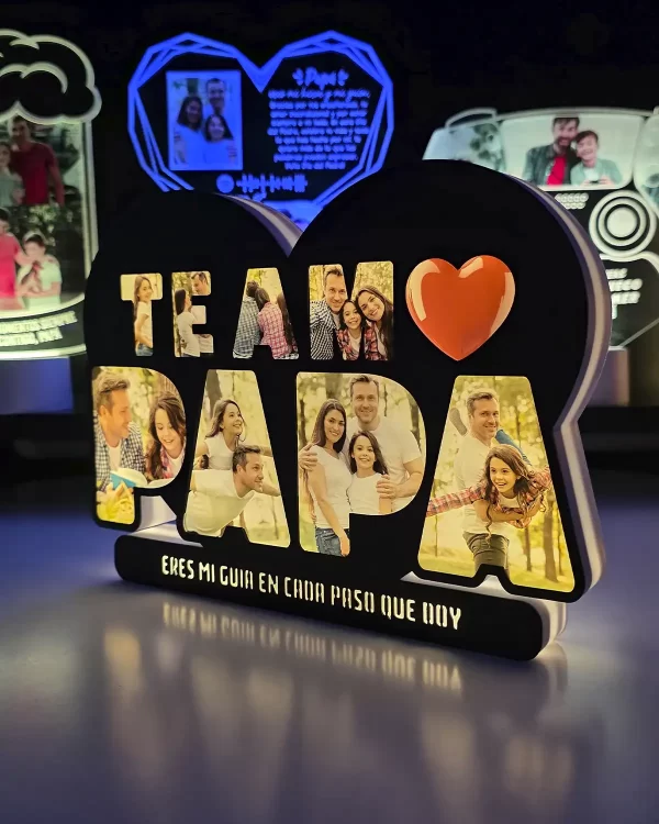 Lampara Led con texto de Papa te Amo, personalizable con 8 fotos y 1 frase